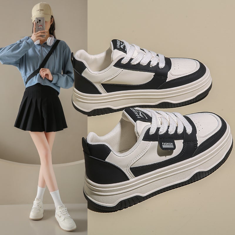 Women'S Shoes Thick Bottom Leather White Shoes Women'S Fashion Foreign Style 34 Size Fleece-Lined Sneaker - Image 1